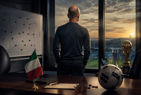 Guardiola Italia CT: allenatore di calcio ritratto di spalle mentre osserva uno stadio dal suo ufficio tecnico, con lavagna tattica, trofei e pallone in primo piano, simbolo della possibile guida della Nazionale italiana.