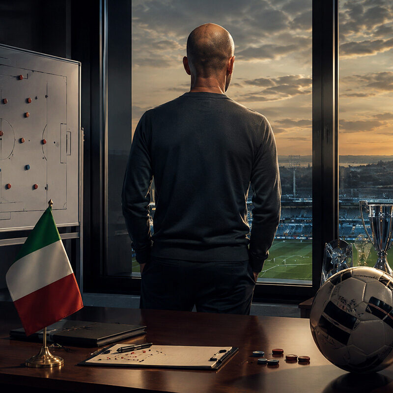 Guardiola Italia CT: allenatore di calcio ritratto di spalle mentre osserva uno stadio dal suo ufficio tecnico, con lavagna tattica, trofei e pallone in primo piano, simbolo della possibile guida della Nazionale italiana.