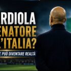 Guardiola allenatore dell'Italia: immagine editoriale 16:9 con un allenatore ispirato a Pep Guardiola ripreso esclusivamente di spalle mentre osserva il campo in uno stadio illuminato. Sullo sfondo compaiono i colori verde, bianco e rosso sfocati, con il titolo "Guardiola allenatore dell'Italia?" in evidenza.