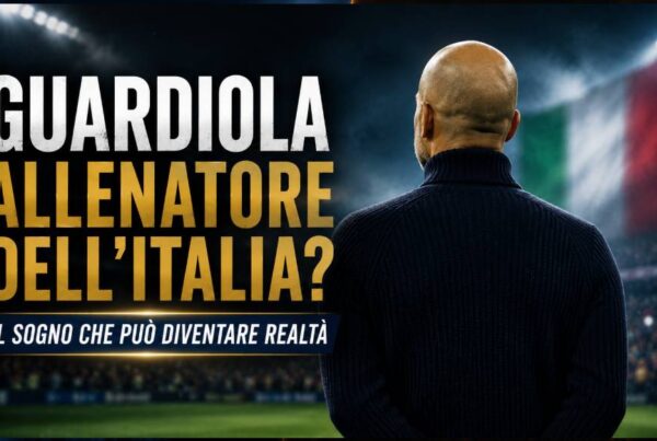 Guardiola allenatore dell'Italia: immagine editoriale 16:9 con un allenatore ispirato a Pep Guardiola ripreso esclusivamente di spalle mentre osserva il campo in uno stadio illuminato. Sullo sfondo compaiono i colori verde, bianco e rosso sfocati, con il titolo "Guardiola allenatore dell'Italia?" in evidenza.