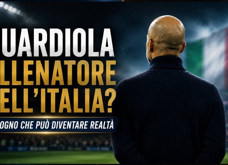 Guardiola allenatore dell'Italia: immagine editoriale 16:9 con un allenatore ispirato a Pep Guardiola ripreso esclusivamente di spalle mentre osserva il campo in uno stadio illuminato. Sullo sfondo compaiono i colori verde, bianco e rosso sfocati, con il titolo "Guardiola allenatore dell'Italia?" in evidenza.