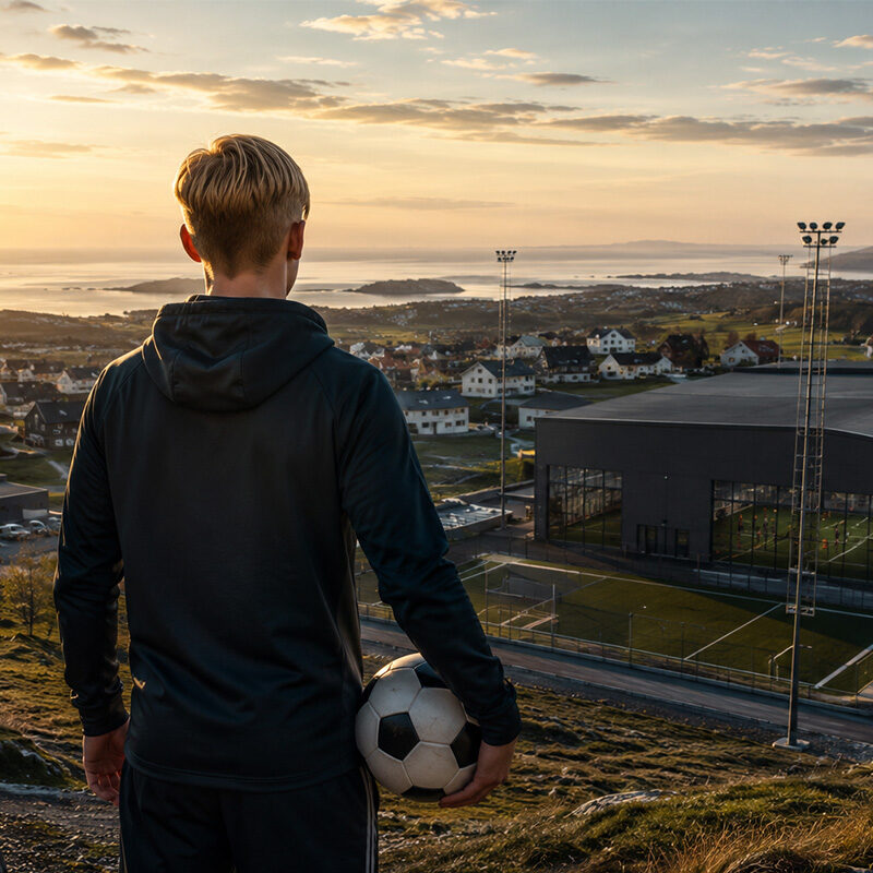 Erling Haaland Bryne, giovane calciatore di spalle con pallone davanti ai campi da calcio della città norvegese al tramonto.