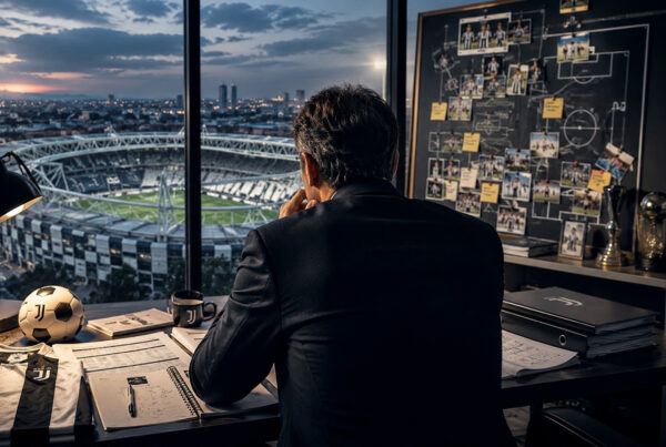 Mercato Juventus, allenatore bianconero di spalle osserva lo stadio mentre studia strategie, rosa e possibili rinforzi.