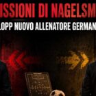 Due allenatori di calcio di spalle davanti alle porte “Exit” ed “Enter”, con il titolo “Dimissioni di Nagelsmann” e il sottotitolo Klopp nuovo allenatore Germania?