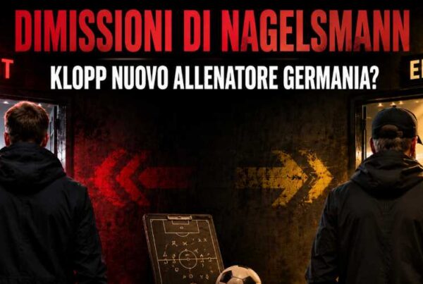 Due allenatori di calcio di spalle davanti alle porte “Exit” ed “Enter”, con il titolo “Dimissioni di Nagelsmann” e il sottotitolo Klopp nuovo allenatore Germania?
