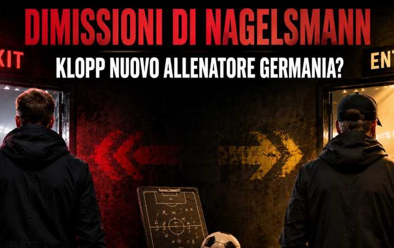 Due allenatori di calcio di spalle davanti alle porte “Exit” ed “Enter”, con il titolo “Dimissioni di Nagelsmann” e il sottotitolo Klopp nuovo allenatore Germania?