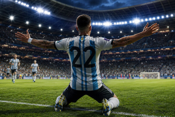 Lautaro Martinez gol Inghilterra: calciatore dell'Argentina visto di spalle esulta in ginocchio con le braccia aperte dopo il gol decisivo che vale la qualificazione alla finale dei Mondiali, in uno stadio gremito illuminato dai riflettori.