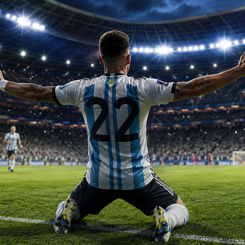 Lautaro Martinez gol Inghilterra: calciatore dell'Argentina visto di spalle esulta in ginocchio con le braccia aperte dopo il gol decisivo che vale la qualificazione alla finale dei Mondiali, in uno stadio gremito illuminato dai riflettori.