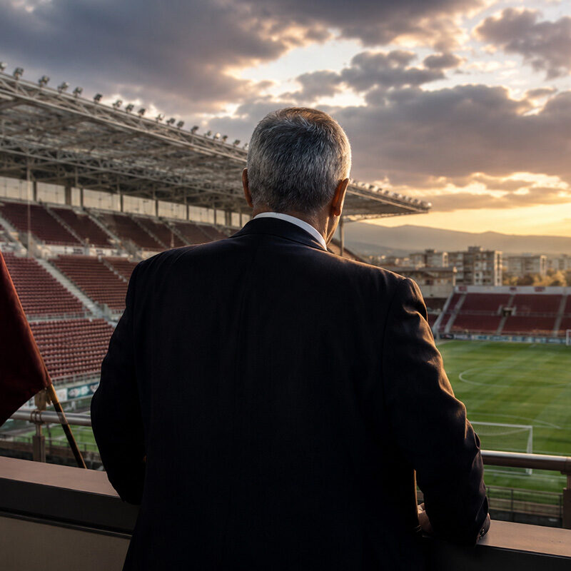 Lotito compra la Reggina: dirigente di spalle osserva lo stadio amaranto in un'illustrazione iperrealistica che rappresenta il nuovo corso societario del club calabrese.