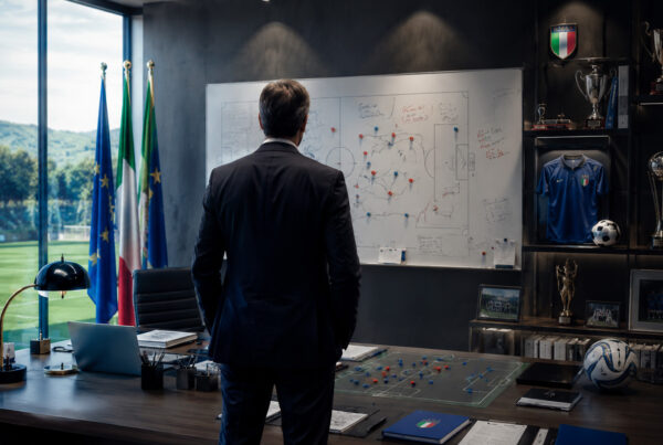 Paolo Maldini Italia mentre osserva un piano tattico all'interno del centro tecnico federale, rappresentato di spalle in un moderno ufficio sportivo con campo da calcio sullo sfondo, simbolo della nuova organizzazione della Nazionale.