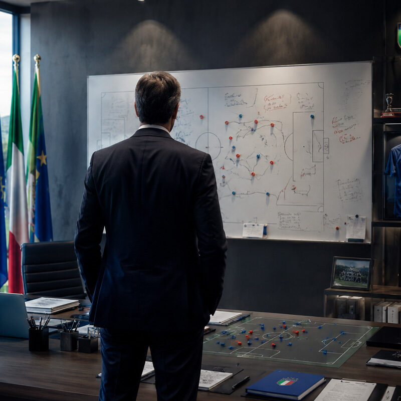 Paolo Maldini Italia mentre osserva un piano tattico all'interno del centro tecnico federale, rappresentato di spalle in un moderno ufficio sportivo con campo da calcio sullo sfondo, simbolo della nuova organizzazione della Nazionale.