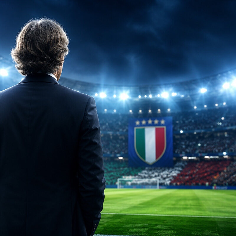 Mancini Italia: allenatore della Nazionale italiana ritratto di spalle a bordo campo mentre osserva lo stadio illuminato, simbolo dell'inizio del nuovo ciclo azzurro e delle ambizioni verso Europeo e Mondiale.