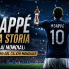 Mbappé nella storia: immagine editoriale con un calciatore ispirato alla Francia ripreso esclusivamente di spalle mentre celebra in uno stadio illuminato. Sullo sfondo coriandoli, atmosfera cinematografica e titolo "Mbappé nella storia – 22 gol ai Mondiali, nuovo record del calcio mondiale".