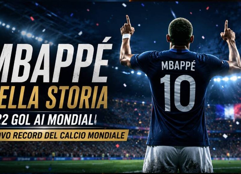 Mbappé nella storia: immagine editoriale con un calciatore ispirato alla Francia ripreso esclusivamente di spalle mentre celebra in uno stadio illuminato. Sullo sfondo coriandoli, atmosfera cinematografica e titolo "Mbappé nella storia – 22 gol ai Mondiali, nuovo record del calcio mondiale".
