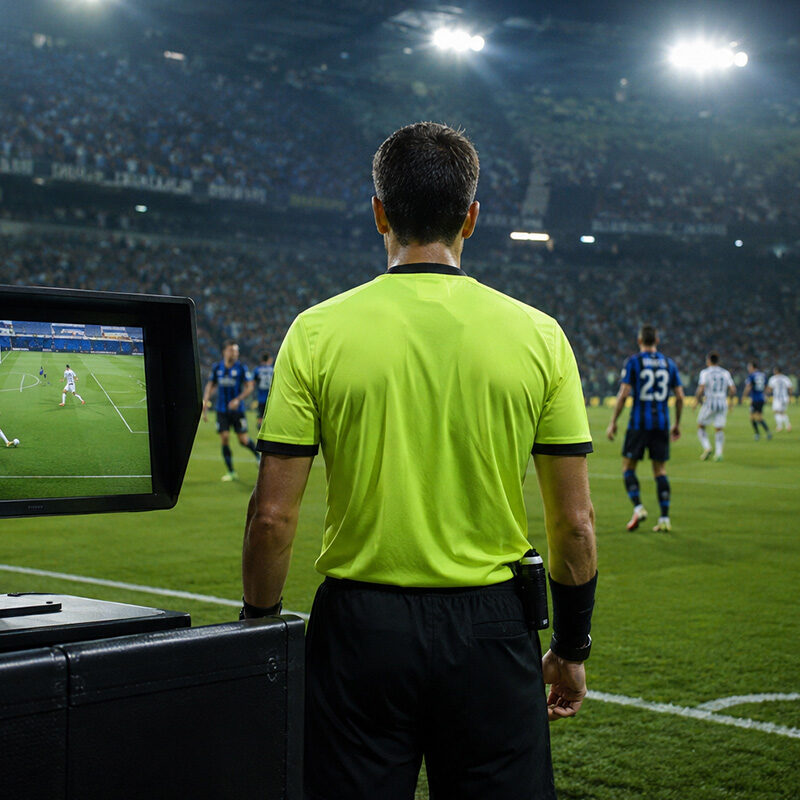 Arbitro di spalle osserva un'azione di gioco accanto al monitor VAR durante una partita di calcio, rappresentazione delle nuove regole arbitrali Serie A con controllo video sui calci d'angolo.
