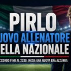 Pirlo nuovo allenatore della nazionale: immagine editoriale con un allenatore di spalle in abito elegante che osserva lo stadio illuminato, sullo sfondo i colori dell'Italia e il titolo dedicato all'inizio della nuova era azzurra.