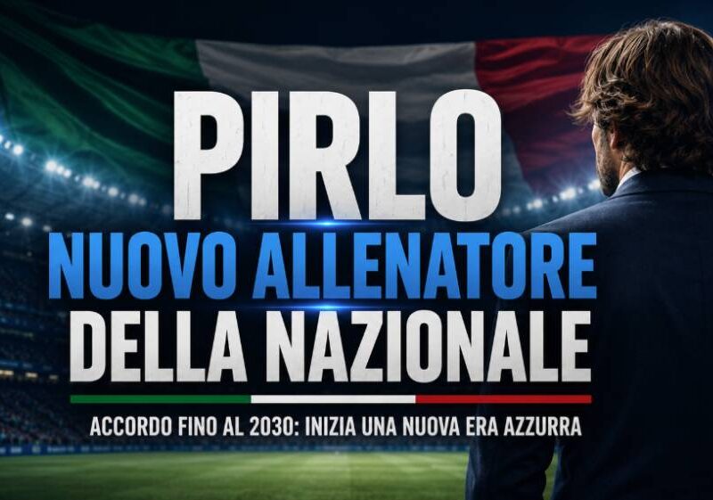 Pirlo nuovo allenatore della nazionale: immagine editoriale con un allenatore di spalle in abito elegante che osserva lo stadio illuminato, sullo sfondo i colori dell'Italia e il titolo dedicato all'inizio della nuova era azzurra.