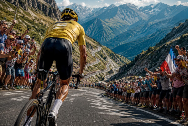 Pogacar record Alpe d’Huez, ciclista in maglia gialla affronta la salita tra i tifosi sui tornanti alpini.