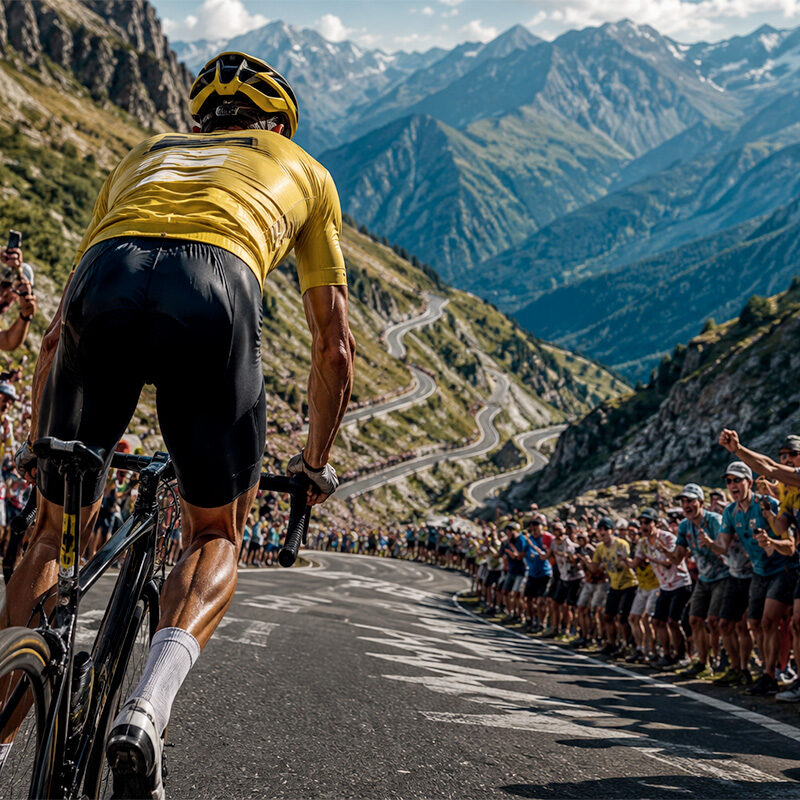 Pogacar record Alpe d’Huez, ciclista in maglia gialla affronta la salita tra i tifosi sui tornanti alpini.