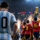 Polemiche Spagna Argentina finale Mondiale: calciatore dell'Argentina ripreso di spalle osserva la Spagna festeggiare la vittoria del Mondiale durante la cerimonia di premiazione in uno stadio illuminato.