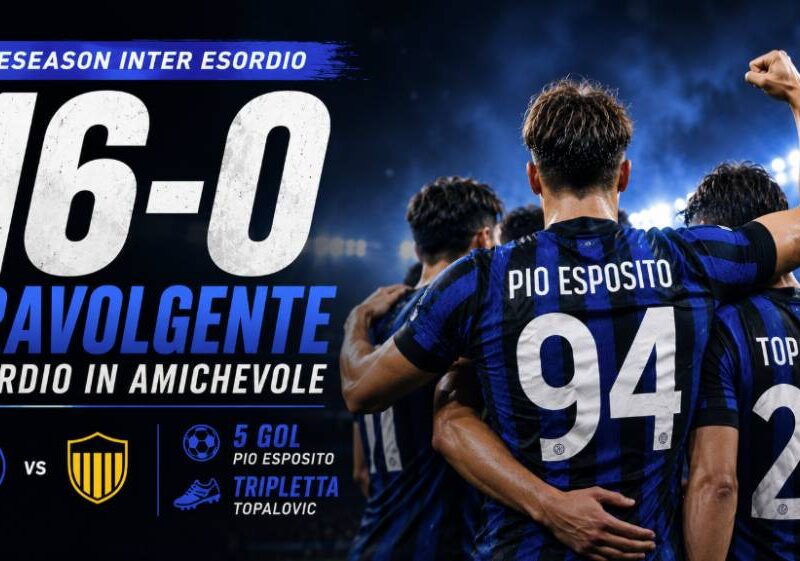 Preseason Inter esordio con un gruppo di calciatori in maglia nerazzurra, ripresi di spalle mentre festeggiano in uno stadio illuminato. In evidenza il risultato 16-0, il titolo "Travolgente esordio in amichevole" e i riferimenti ai cinque gol di Pio Esposito e alla tripletta di Topalovic. Presenti solo loghi grafici generici nei colori blu e giallo.