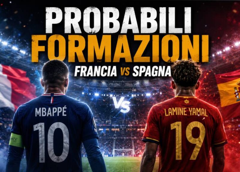 Probabili formazioni Francia Spagna: grafica editoriale con Mbappé e Lamine Yamal di spalle in uno stadio illuminato, pronti alla semifinale dei Mondiali 2026 tra Francia e Spagna.