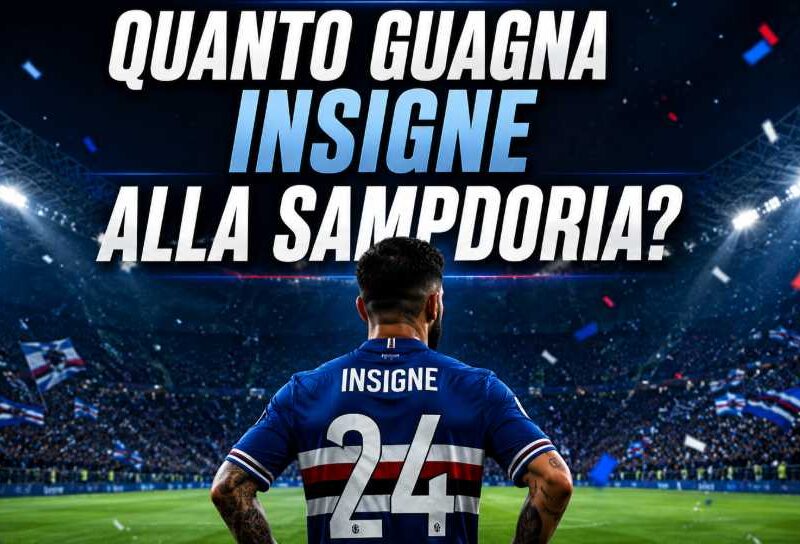 Quanto guadagna Insigne alla Sampdoria? Grafica editoriale con Lorenzo Insigne di spalle in una maglia ispirata ai colori della Sampdoria, stadio illuminato e titolo in evidenza dedicato al suo nuovo stipendio.