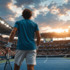 Ranking ATP 2026: tennista di spalle su un campo in cemento durante un match internazionale, in uno stadio gremito, immagine realistica che rappresenta la leadership di Jannik Sinner e il grande momento del tennis italiano.