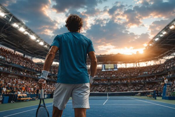 Ranking ATP 2026: tennista di spalle su un campo in cemento durante un match internazionale, in uno stadio gremito, immagine realistica che rappresenta la leadership di Jannik Sinner e il grande momento del tennis italiano.