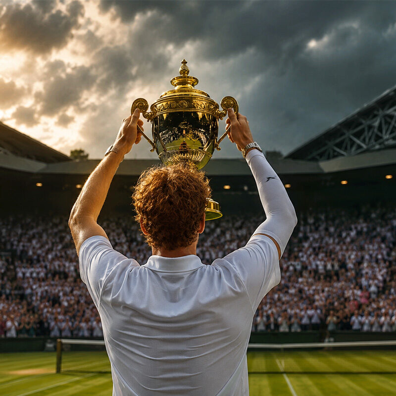 Sinner più forte di prima: tennista di spalle solleva il trofeo su un campo in erba dopo la vittoria, davanti a uno stadio gremito, simbolo della nuova era del numero uno mondiale.