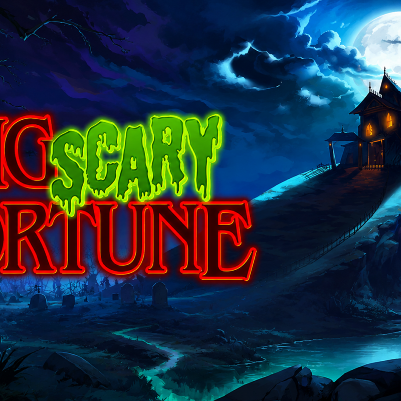 Slot Big Scary Fortune di Inspired con casa infestata, luna piena, cimitero e ambientazione horror di Halloween dedicata ai Free Spins e alla funzione Big Pumpkin.