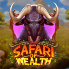 Slot Safari of Wealth di Play'n GO con un imponente gnu al centro della scena, ambientazione nella savana africana e grafica ispirata a un safari ricco di avventura, Gold Reels e Free Spins.
