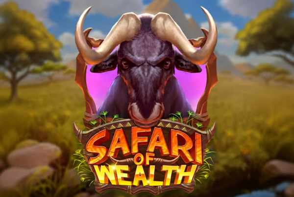 Slot Safari of Wealth di Play'n GO con un imponente gnu al centro della scena, ambientazione nella savana africana e grafica ispirata a un safari ricco di avventura, Gold Reels e Free Spins.