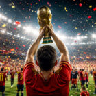 Spagna campione del mondo: calciatore di spalle solleva la Coppa del Mondo davanti ai tifosi in festa in uno stadio illuminato, durante la celebrazione del titolo mondiale.