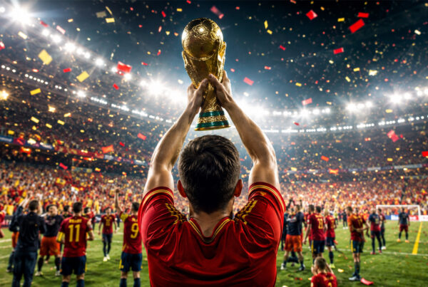Spagna campione del mondo: calciatore di spalle solleva la Coppa del Mondo davanti ai tifosi in festa in uno stadio illuminato, durante la celebrazione del titolo mondiale.