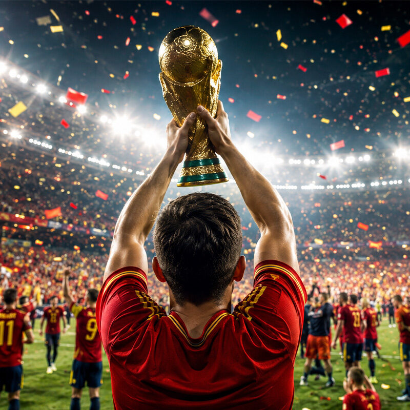 Spagna campione del mondo: calciatore di spalle solleva la Coppa del Mondo davanti ai tifosi in festa in uno stadio illuminato, durante la celebrazione del titolo mondiale.