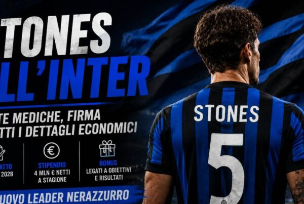Stones all'Inter: immagine editoriale con il difensore di spalle davanti a uno stadio illuminato e una bandiera astratta nei colori nerazzurri, con il titolo dedicato alle visite mediche e alla firma.
