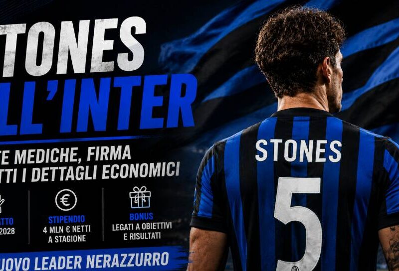 Stones all'Inter: immagine editoriale con il difensore di spalle davanti a uno stadio illuminato e una bandiera astratta nei colori nerazzurri, con il titolo dedicato alle visite mediche e alla firma.
