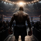 Tyson 60 anni: pugile di spalle mentre cammina verso il ring illuminato in un'arena gremita, immagine iperrealistica che rappresenta la leggenda della boxe e la sua eredità sportiva.