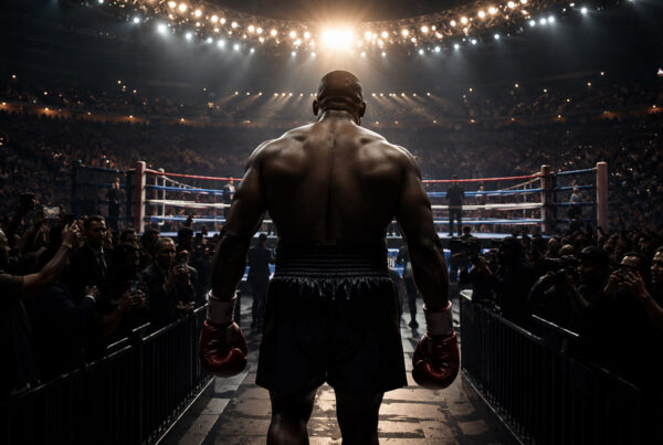 Tyson 60 anni: pugile di spalle mentre cammina verso il ring illuminato in un'arena gremita, immagine iperrealistica che rappresenta la leggenda della boxe e la sua eredità sportiva.