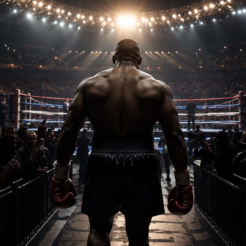 Tyson 60 anni: pugile di spalle mentre cammina verso il ring illuminato in un'arena gremita, immagine iperrealistica che rappresenta la leggenda della boxe e la sua eredità sportiva.