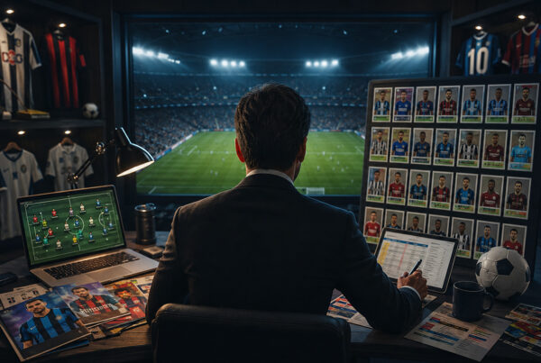 Analisi squadre Serie A 2026/27 fantacalcio: fantallenatore di spalle mentre studia statistiche, formazioni, rigoristi e strategie davanti a uno stadio illuminato.