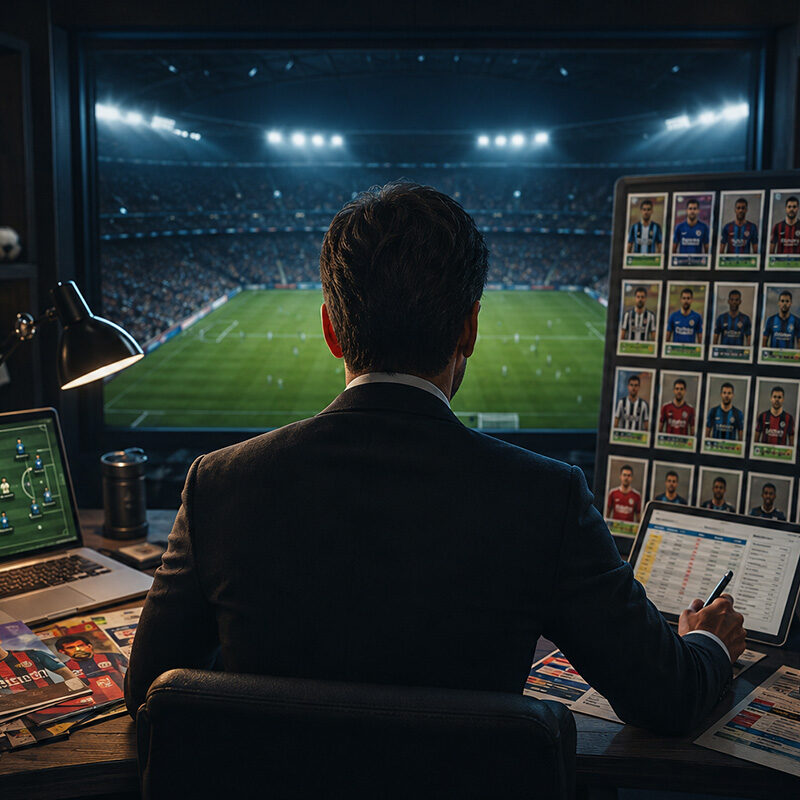 Analisi squadre Serie A 2026/27 fantacalcio: fantallenatore di spalle mentre studia statistiche, formazioni, rigoristi e strategie davanti a uno stadio illuminato.
