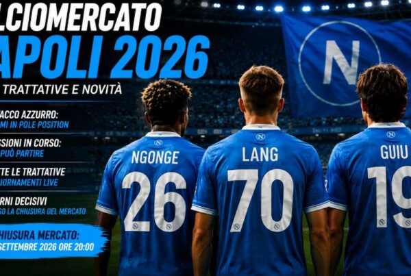 Calciomercato Napoli 2026, Ngonge, Lang e Guiu raffigurati di spalle con maglie azzurre in uno stadio, durante gli ultimi giorni di trattative prima della chiusura del mercato del 1° settembre alle ore 20:00.