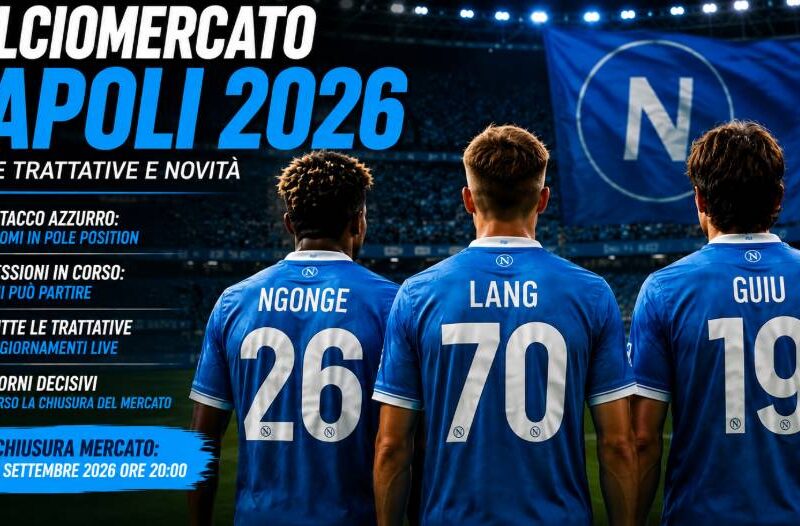 Calciomercato Napoli 2026, Ngonge, Lang e Guiu raffigurati di spalle con maglie azzurre in uno stadio, durante gli ultimi giorni di trattative prima della chiusura del mercato del 1° settembre alle ore 20:00.