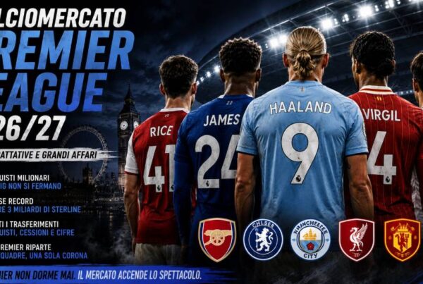 Calciomercato Premier League 2026/27, cinque calciatori raffigurati di spalle con divise ispirate ai colori dei principali club inglesi davanti a uno stadio illuminato e allo skyline di Londra