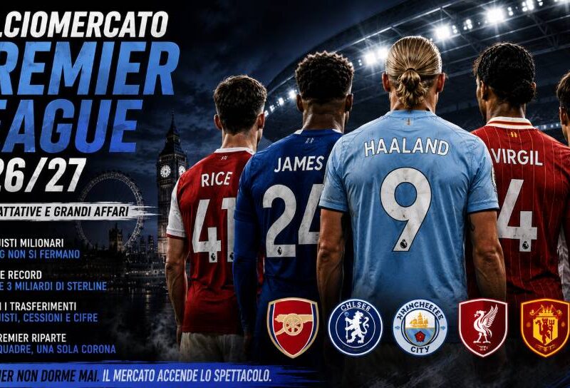Calciomercato Premier League 2026/27, cinque calciatori raffigurati di spalle con divise ispirate ai colori dei principali club inglesi davanti a uno stadio illuminato e allo skyline di Londra