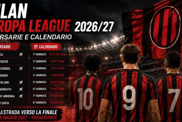 Milan Europa League 2026/27, tre calciatori rossoneri di spalle nello stadio con calendario e avversarie della fase campionato.