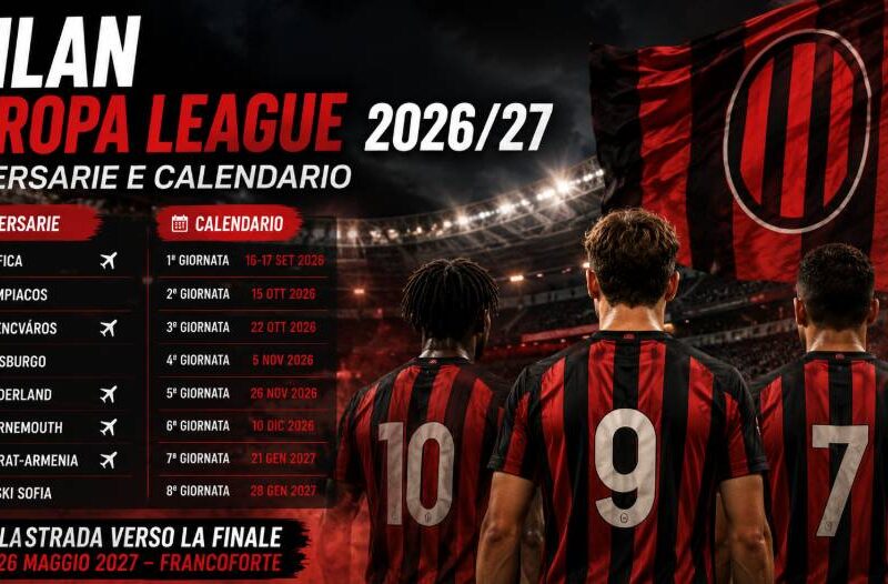 Milan Europa League 2026/27, tre calciatori rossoneri di spalle nello stadio con calendario e avversarie della fase campionato.