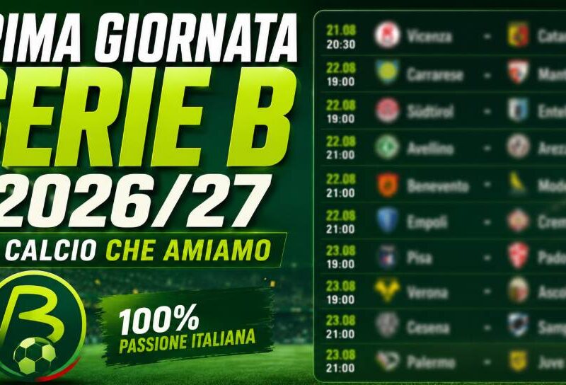 Prima giornata di Serie B 2026: calendario del primo turno 2026/27 con Vicenza-Catanzaro gara inaugurale e date delle dieci partite.